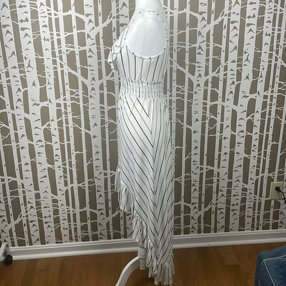 Boho hi-lo white and black striped ruffle trim back cutout maxi dress - Picture 5 of 15